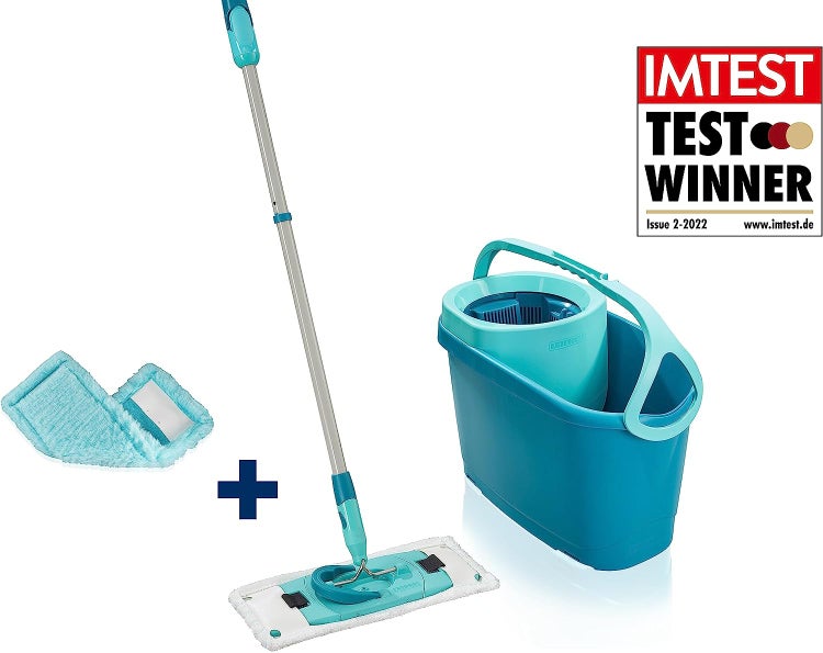 Leifheit Set CLEAN TWIST M Flachwischer Ergo 2.0, Bodenwischer mit 1x Mikrofaser Bezug für alle glatten Böden & 1x elektrostatischem Staubtuch, Wischmopp mit Click-System, Mop mit Schleudertechnologie