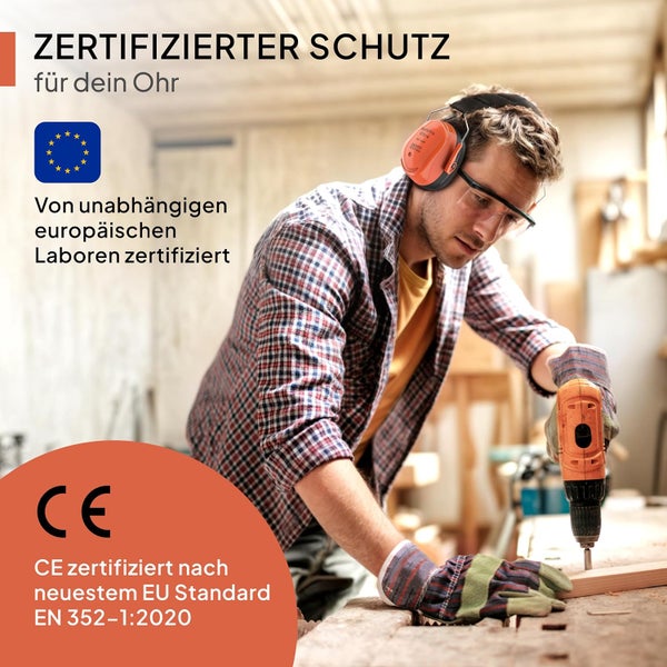 Senner ® WorkPro Ultra | Gehörschutz für Arbeit und Freizeit – Größenverstellbare Ohrenschützer - Hochwertige Lärmschutz Kopfhörer mit SNR von 34 dB - Kapselgehörschutz Schwarz/Orange - Unisex