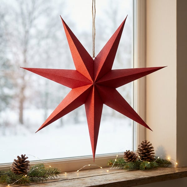Weihnachtsstern aus Papier als Fensterdekoration in einer winterlichen Kulisse mit Tannenzweigen und Zapfen