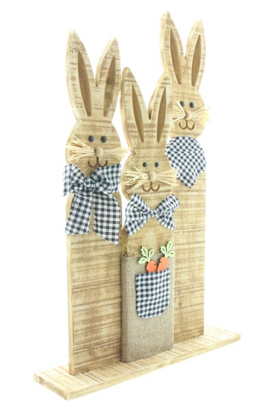 FRANK FLECHTWAREN | Hasentrio Karo-Look, HOLZ, TEXTIL, BAST, 38 x 9 x 58 cm
