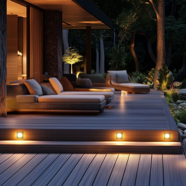 Beleuchtete Holzterrasse am Abend mit modernen Loungemöbeln und in die Stufen integrierten quadratischen LED-Einbaustrahlern.