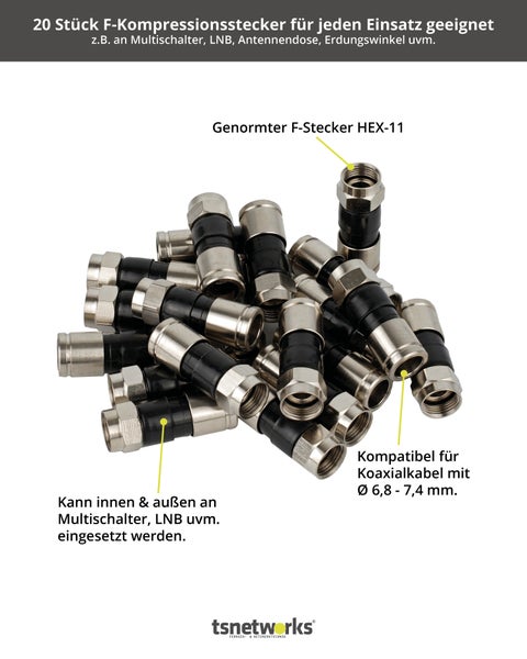 20 Stk. F Stecker für Koaxialkabel 6,8-7,4 mm, Stecker Typ F für Kompressionszange, RG 6 Antennenkabel, Koax Kompressionsstecker Sat-Kabel