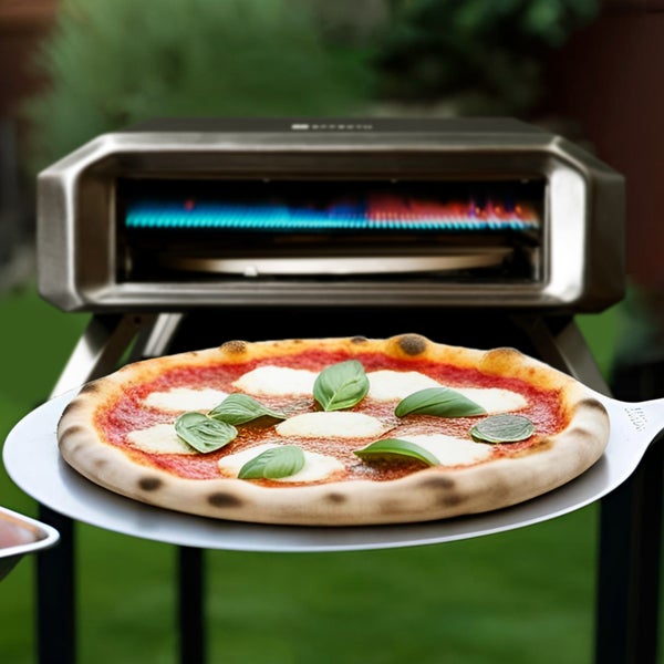 Pizza Margherita auf Pizzaschieber vor Pizzaofen