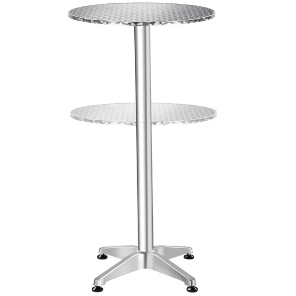 Hoher Bistrotisch aus Aluminium mit zwei runden Ablageflächen und strukturierten Oberflächen.