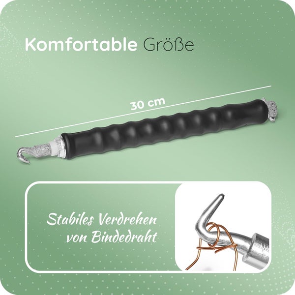 Drallfänger für Bindedraht, 30 Zentimeter lang, mit ergonomischem Griff und Detailansicht des Metallhakens beim Verdrehen von Draht.