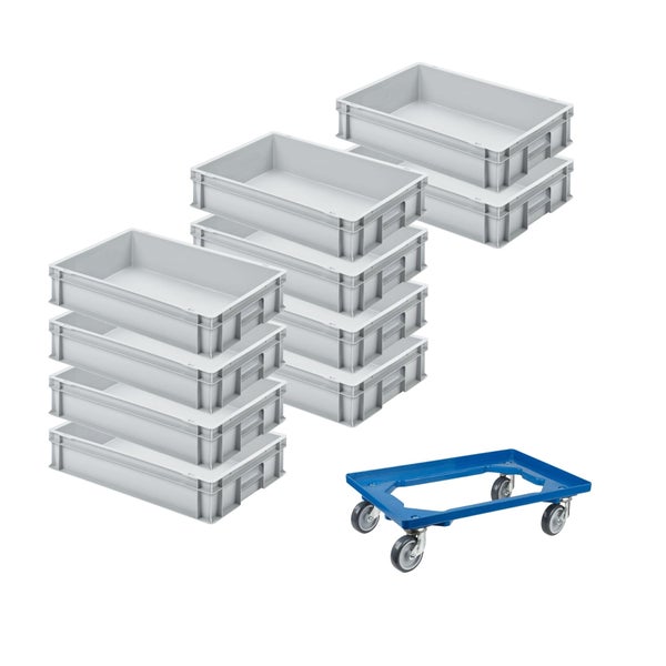 PROREGAL SparSet 10x Eurobehälter mit Geschlossenem Griff und 1 x Transportroller Blau HxBxT 12 x 40 x 60 cm 21 Liter Eurobox Transportbox