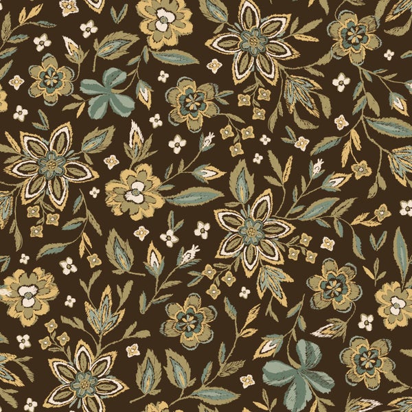 Tapete mit floralem Muster in Gelb, Grün und Creme, gestickte Optik mit Blumen und Blättern.