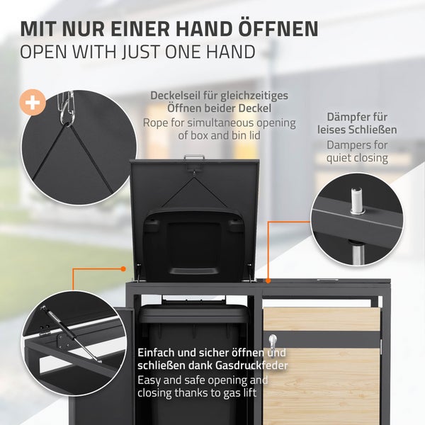 Mülltonnenbox mit Gasdruckfeder, Dämpfern und Deckelseil für gleichzeitiges Öffnen von Box und Tonne mit einer Hand.