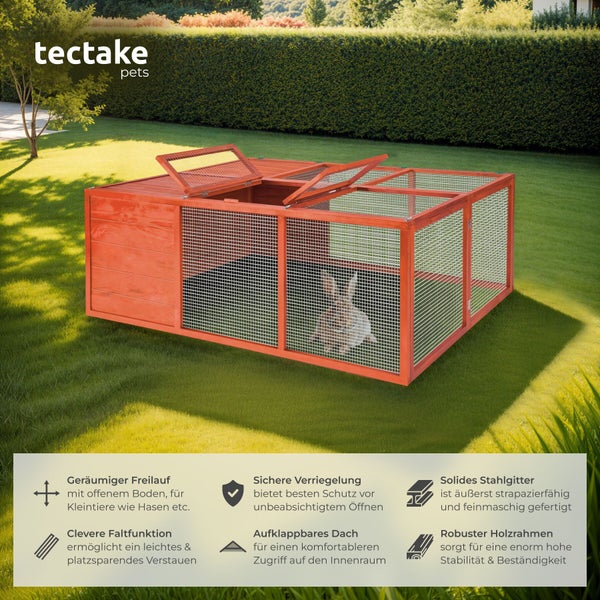 Tectake Logo, Kaninchenstall aus Holz mit klappbarem Dach und Stahlgitter für Kleintiere auf einer Rasenfläche.