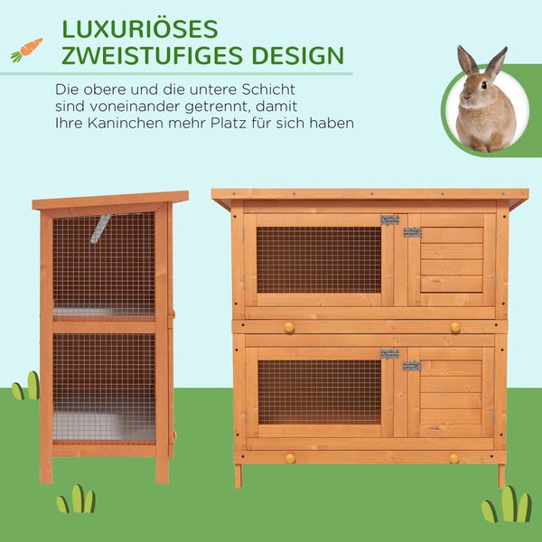 PawHut Kleintierstall Kleintierhaus mit Asphaltdach Zwergkaninchenstall doppelstöckig Meerschweinchenstall wetterbeständig Kleintierkäfig Tierstall für Outdoor Tannenholz 90 x 45 x 90 cm Gelb
