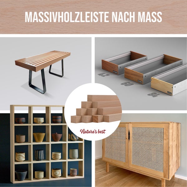 Kollage verschiedener Holzprodukte für den Innenausbau, darunter eine Bank, Schubladen, Holzleisten, ein Regal und ein Schrank