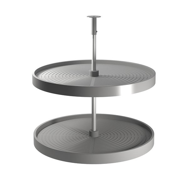 Drehkarussell für Eckschränke mit zwei runden Kunststofftablaren und einer Mittelsäule aus Metall.