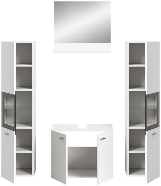 Badezimmermöbel-Set bestehend aus Waschbeckenunterschrank, Spiegel und zwei Hochschränken mit offenen Fächern und Glastüren.