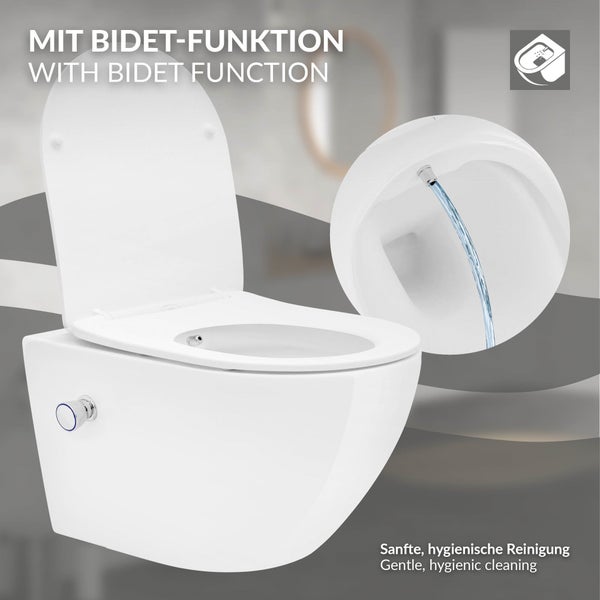 ECD Germany Spülrandloses Hänge WC lang 52 cm Weiß mit Bidet-Funktion, Nano Beschichtung, Wand-WC Keramik, Toilette mit WC-Sitz abnehmbar Duroplast Softclose Absenkautomatik, Tiefspüler Lotus Effekt