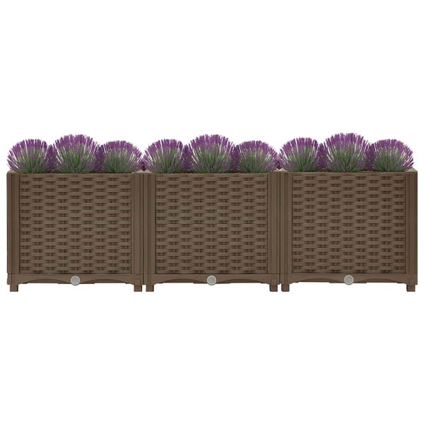 Drei braune Pflanzkästen mit Pflanzen