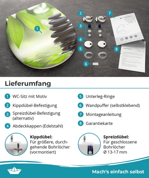 Calmwaters® WC Sitz Motiv Wellness Oase einfache Montage, Toilettendeckel bis 250 kg, Made in EU, antibakterieller Duroplast, Absenkautomatik, 2 Montage Optionen, abnehmbar, Klobrille, oval