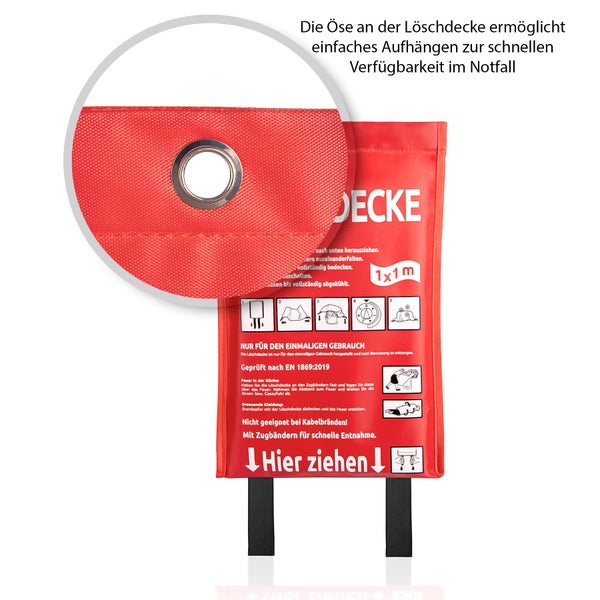 Löschdecke 1 x 1 Meter mit Öse zur Aufhängung