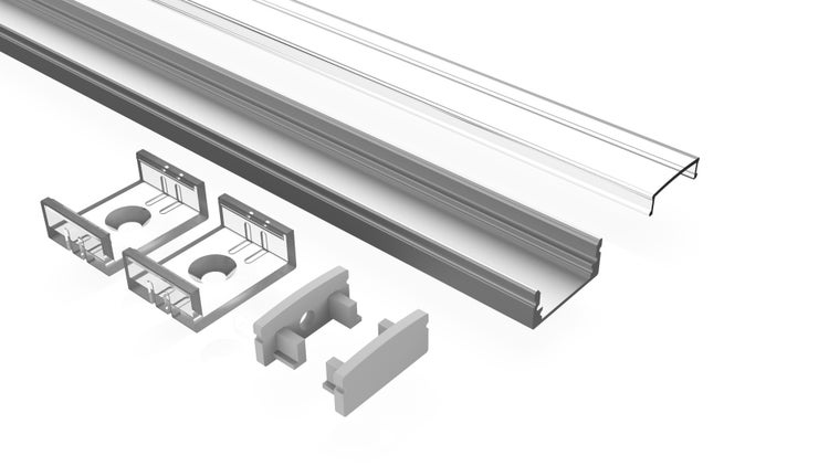 TIVENDIS Led Alu Profil 2 m AF Komplett Set für Strip / Streifen bis 12 mm breit | Abdeckung transparent klar, Endkappen, Befestigungclips | U-Form Aufputz Deckenleiste Wandprofil eloxiert