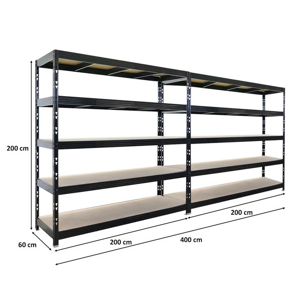 Langes Metallregal mit fünf Regalböden und den Maßen 200 cm Höhe, 60 cm Tiefe und 400 cm Breite