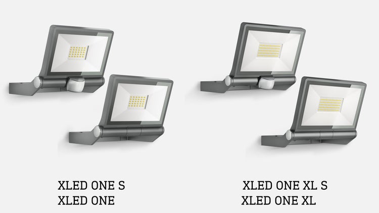 Zwei Steinel XLED One Außenstrahler mit Bewegungsmelder in verschiedenen Größen