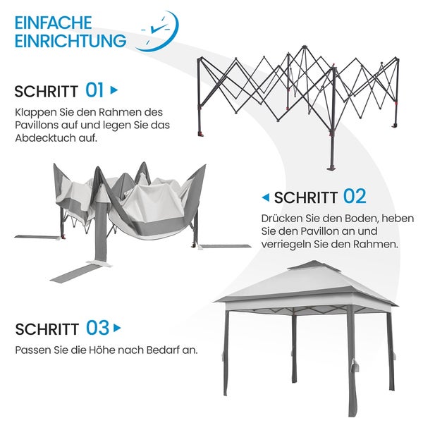 Illustration der Montage eines Pavillons in drei Schritten.