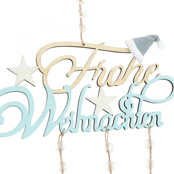 Dekorative Holzaufhängung mit der Aufschrift Frohe Weihnachten, Sternen und Mütze