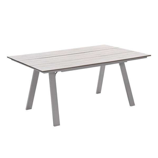 Rechteckiger Gartentisch mit grauem Aluminiumgestell und Tischplatte in grauer Holzoptik.