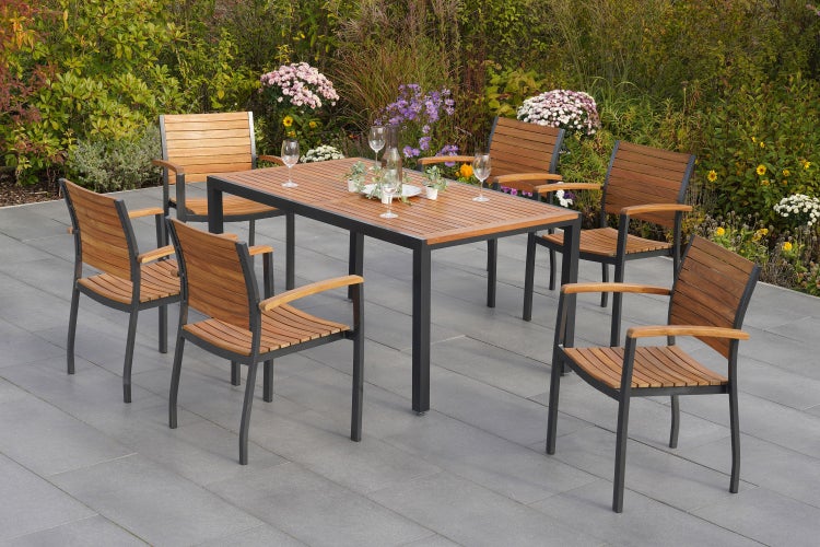 Santorin Gartenmöbelset 7tlg., 6 Stapelsessel, Tisch 150 x 90 cm