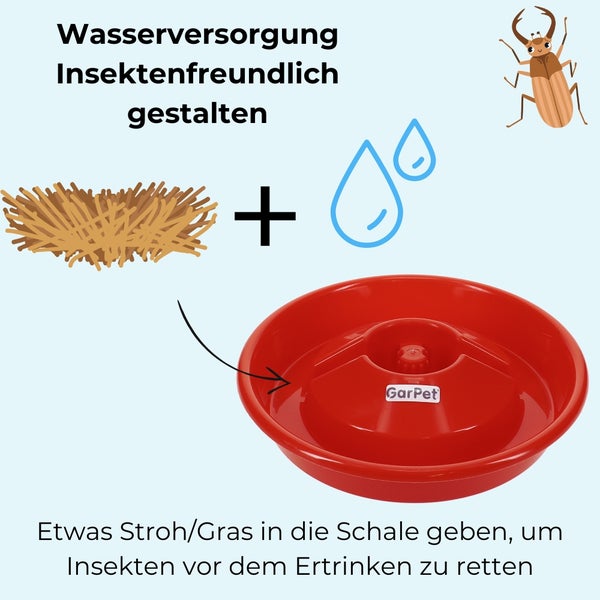 Illustration einer Insektentränke mit Stroh und einer roten Schale zur Wasserversorgung von Insekten