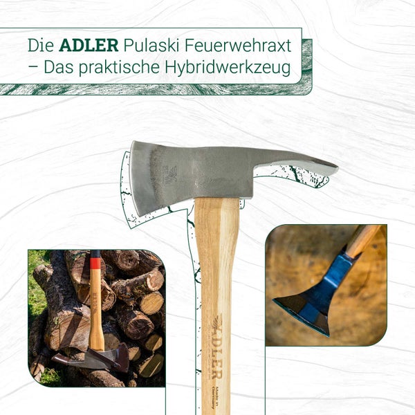 ADLER Pulaski Feuerwehr Axt mit Holzstiel als praktisches Hybridwerkzeug für Forstarbeiten.