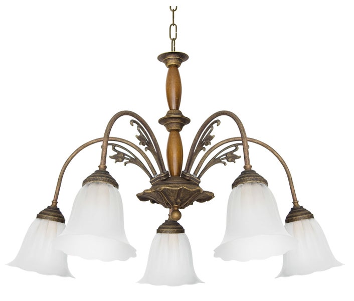 Deckenleuchte mit fünf Leuchtenarmen und weißen Lampenschirmen