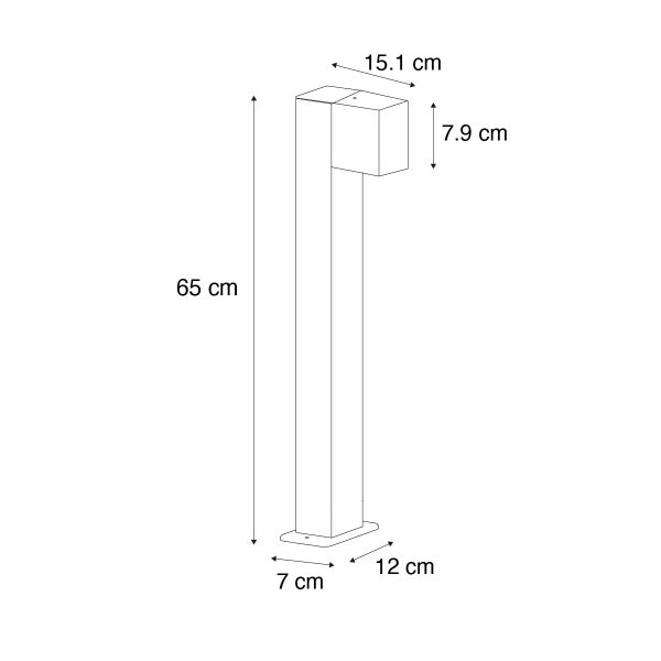 Maßzeichnung einer Außenleuchte: Höhe 65 Zentimeter, Fußbreite 7 Zentimeter, Fußtiefe 12 Zentimeter, Lampenkopf-Ausladung 15.1 Zentimeter.