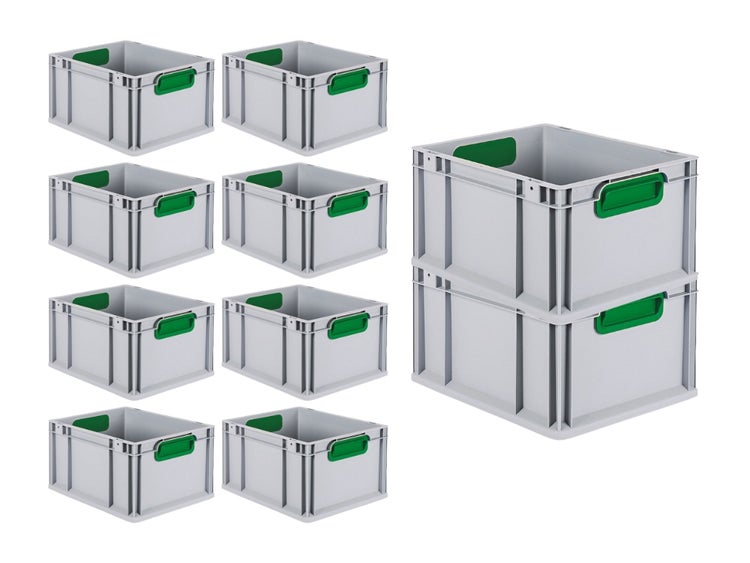 PROREGAL Spar Set 10x Eurobox Nextgen Color HxBxT 22 x 30 x 40 cm 20 Liter Griffe Grün Geschlossen Glatter Boden Eurobehälter Transportbox