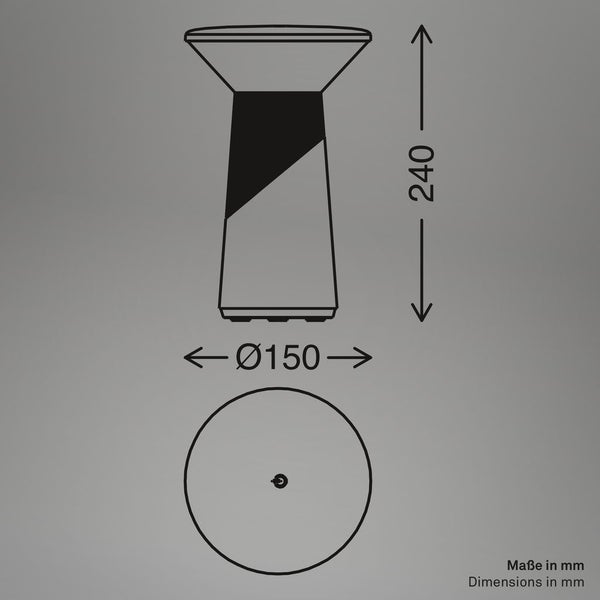 Maßzeichnung der Tischleuchte mit einer Höhe von 240 Millimetern und einem Durchmesser von 150 Millimetern.