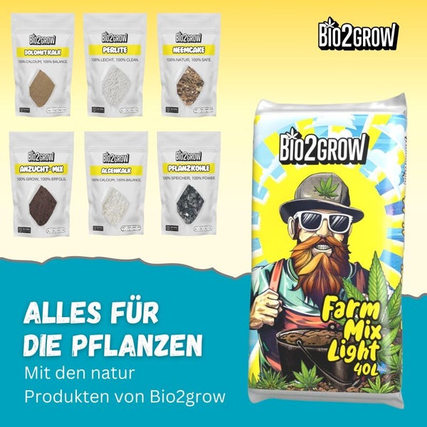 Bio2grow Pflanzensortiment mit Dolomitkalk, Perlite, Neemcake, Anzucht-Mix, Algenkalk, Pflanzenkohle und Farm Mix Light 40 Liter