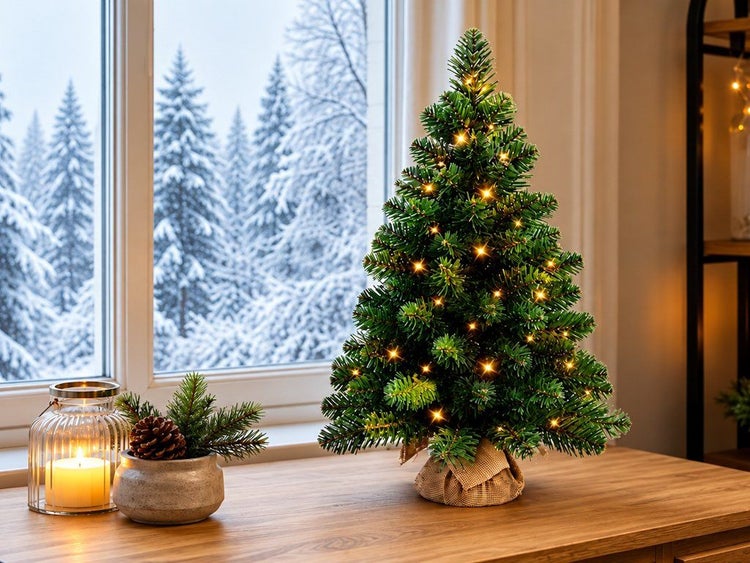Künstlicher Weihnachtsbaum mit LED Lichterkette in einem Jutesack auf einem Holztisch vor einem Fenster mit Winterlandschaft.