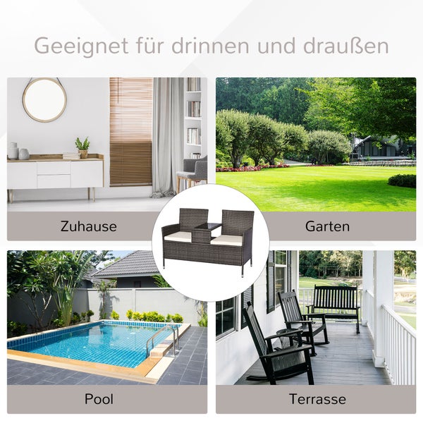 Outsunny Polyrattan Gartenbank, Sitzbank, mit Tisch, 2-Sitzer, B133 x T63 x H84cm, Stahl, Grau