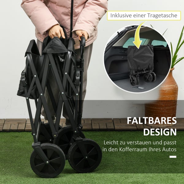 Outsunny Bollerwagen Faltbar, Transportwagen mit Sonnendach, Handwagen mit Griff, Gartenwagen mit Tragetasche, bis 100 kg Belastbar, Oxford, Schwarz