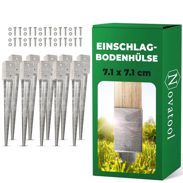 Novatool Einschlagbodenhülsen 7,1 x 7,1 cm, 10er Pack inklusive Schrauben und Unterlegscheiben, verzinkter Stahl für Zaunpfosten.