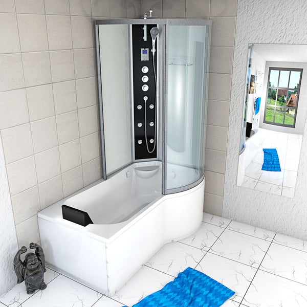 Maßzeichnung einer Dusch-Badewannenkombination 170 mal 85 mal 225 Zentimeter, mit Glasabtrennung, Handbrause und Massagedüsen.