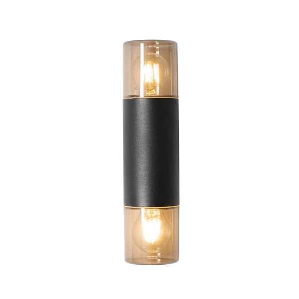 Zylindrische Außenwandleuchte mit zwei Lichtquellen nach oben und unten, schwarzer Metallkorpus und getöntes Glas.