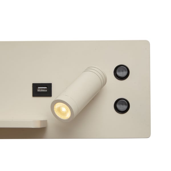 Wand-Leseleuchte beige mit verstellbarem LED-Spot, USB-Anschluss und zwei runden Schaltern.