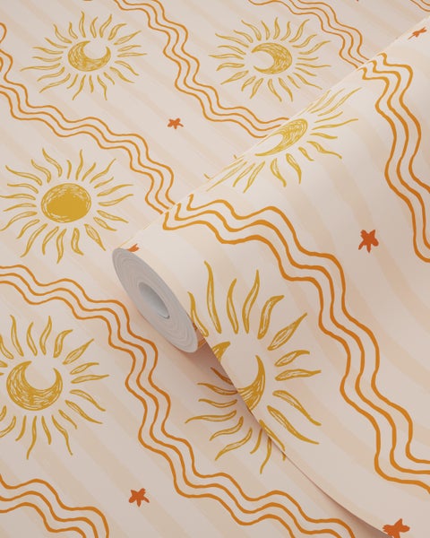 Tapetenrolle mit Sonne, Halbmond, Sternen und Wellenmuster