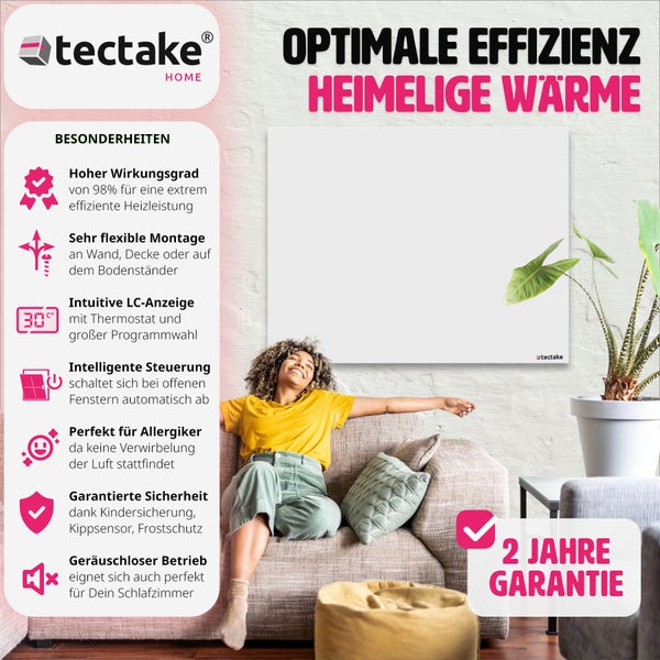 Infrarotheizung tectake  einfache Wand- oder Deckenmontage, inklusive Ständer rahmenlos mit Thermostat weiß