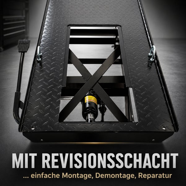 Motorradhebebühne mit Revisionsschacht für einfache Montage und Reparatur, Riffelblechoberfläche und hydraulischer Mechanismus.