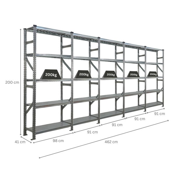 Stahlregal mit fünf Fächern und Gewichtsangaben