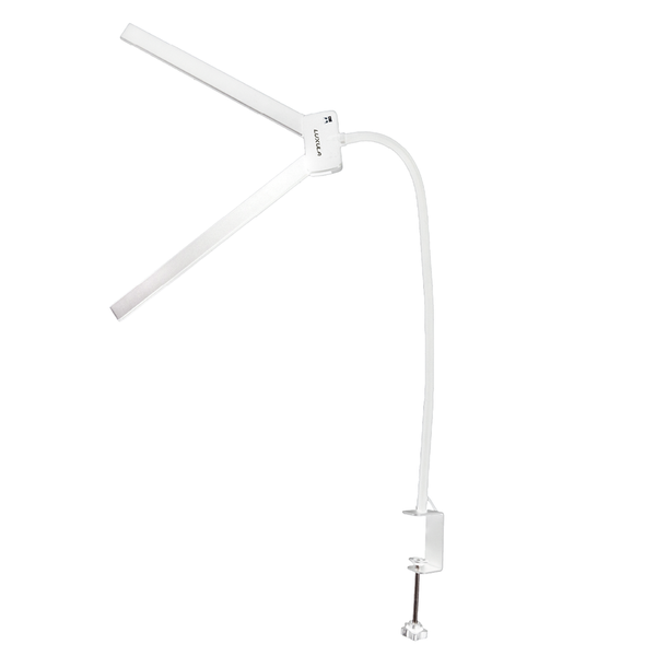 Weiße LED Schreibtischleuchte mit zwei verstellbaren Lichtarmen, flexiblem Schwanenhals und Tischklemme.