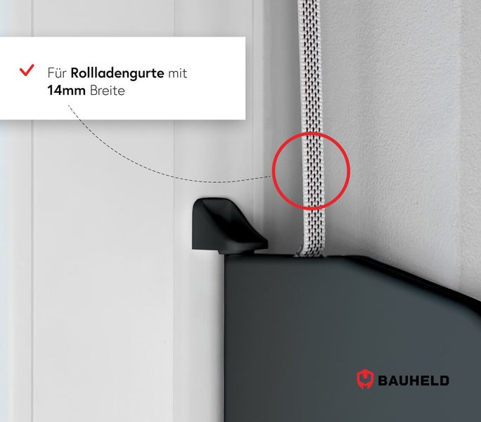 Detailaufnahme eines Rollladengurtes mit 14 mm Breite und Bauheld Logo