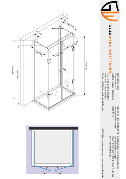 Technische Zeichnung einer Duschkabine mit Maßangaben