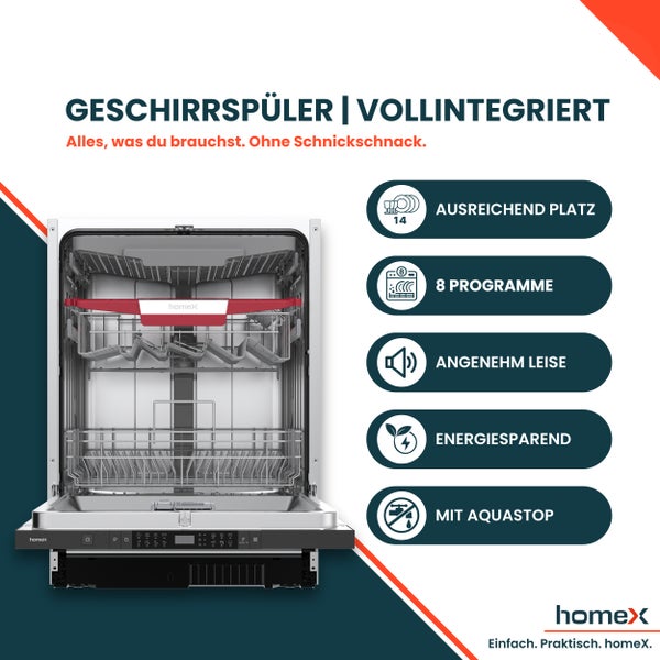 Vollintegrierter Geschirrspüler mit ausreichend Platz, acht Programmen, leisem Betrieb, energiesparender Funktion und Aquastop